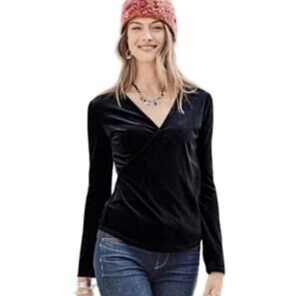 Sundance Womens Black Velvet Faux Wrap Surplice V-Neck Long Sleeve Top Large